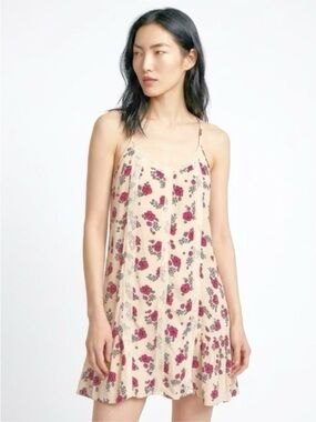 Hollister Cream and Floral Mini Slip Dress with Lace Details